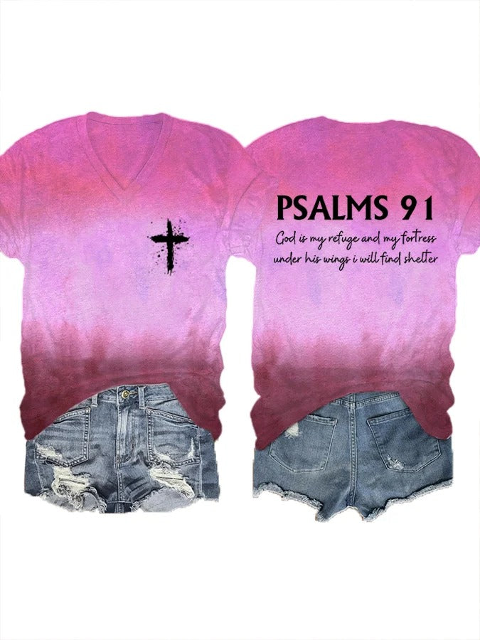 Women's Psalms 91 Bible Verse Printed V-Neck T-Shirt