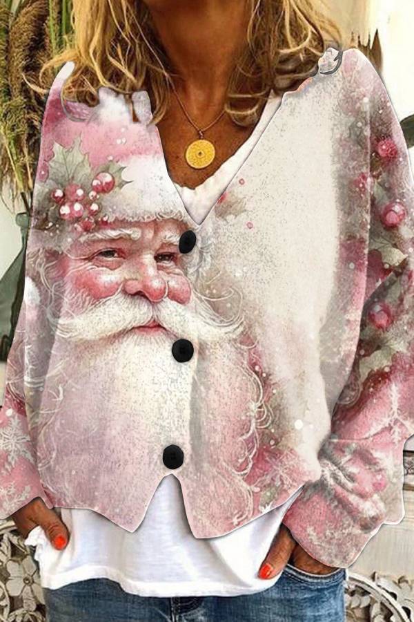 Christmas-themed V-neck single-breasted loose-fitting knit cardigan