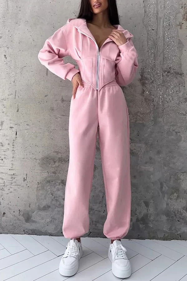 Solid Color Waist Corset Hooded Sweatshirt Jacket and Elastic Waist Athletic Jogger Pants Set