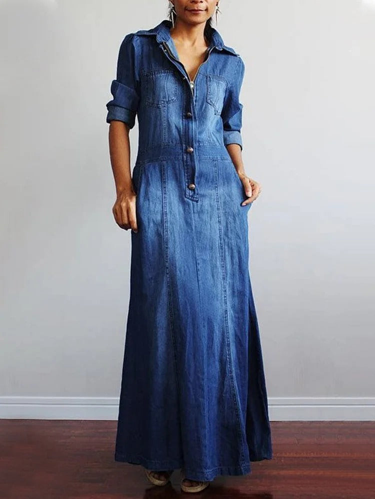 Denim Lapel Collar Long Sleeve Button Zipper Pocket Maxi Dress