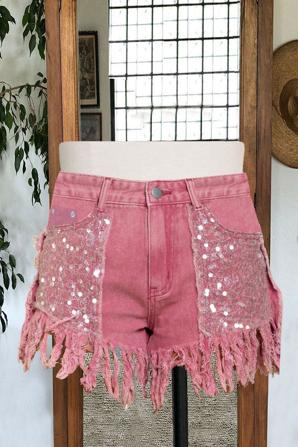 High Waist Sequined Frayed Hot Shorts