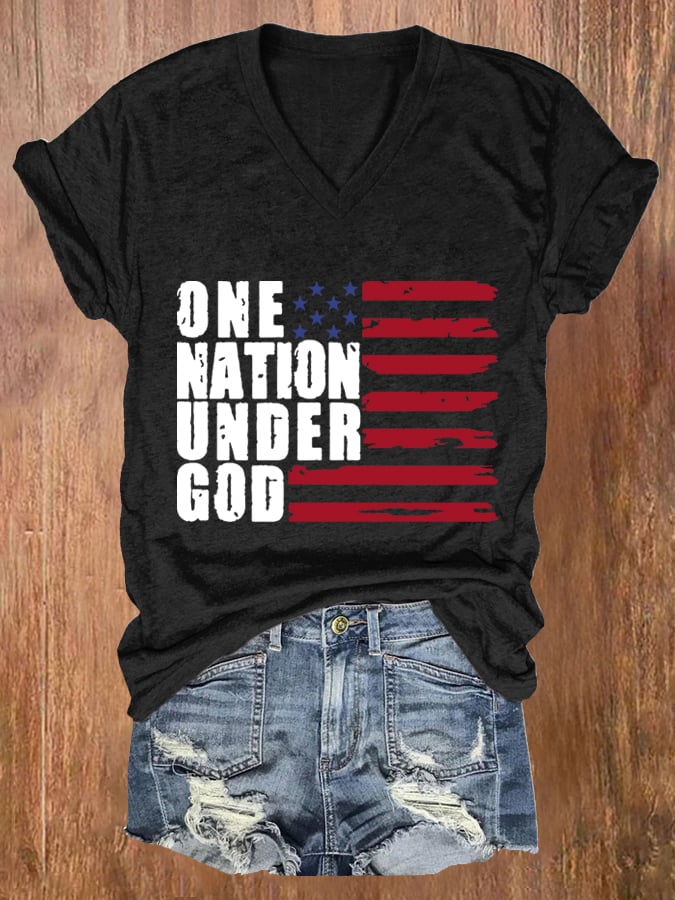 Women's One Nation Under God Print Casual V Neck T-shirt