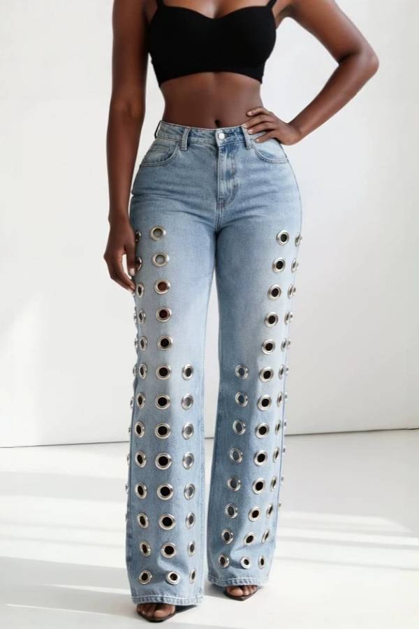 High‑Rise Metal Eyelet Decor Flare Jeans
