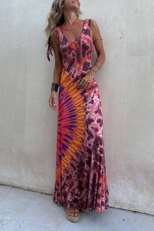 Boho Happiness Tie-dye Print Back Lace-up Stretch Maxi Dress