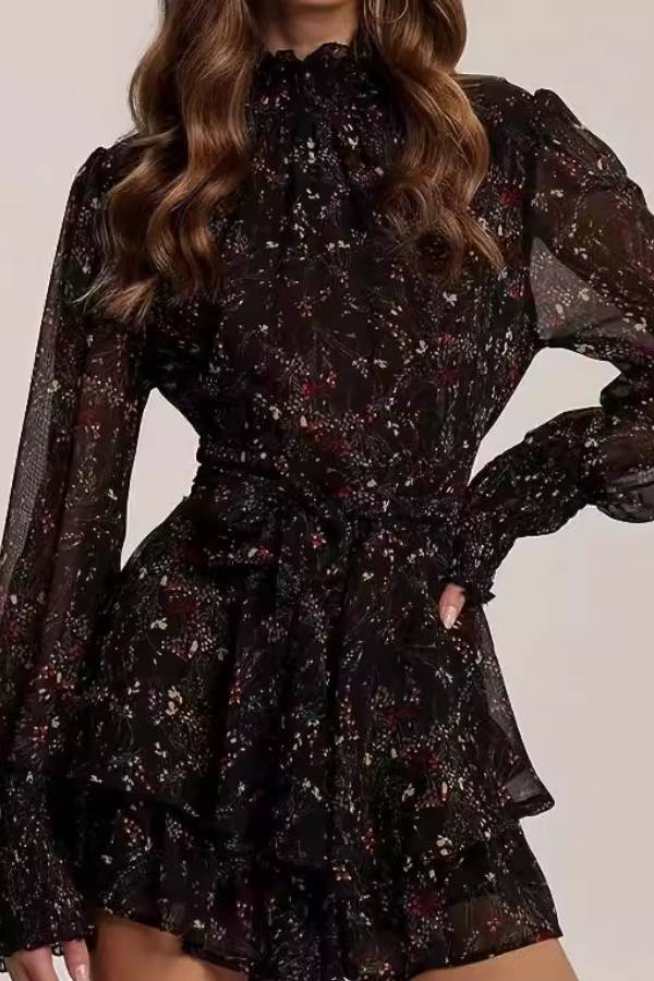 Ruffle Mock Neck Chiffon Floral Long Sleeve Romper
