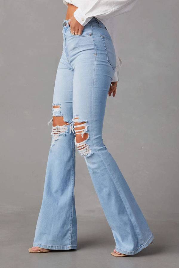 High Waist Ripped Flare Jeans Light Wash Stretch Destroyed Bell Bottom Denim Pants