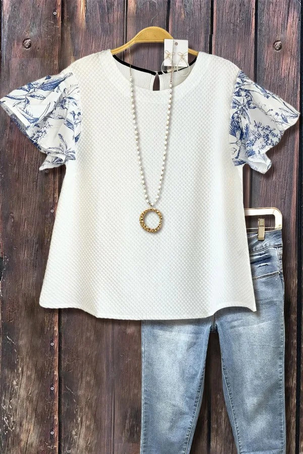 Textured Round Neck Contrast Sleeve Top