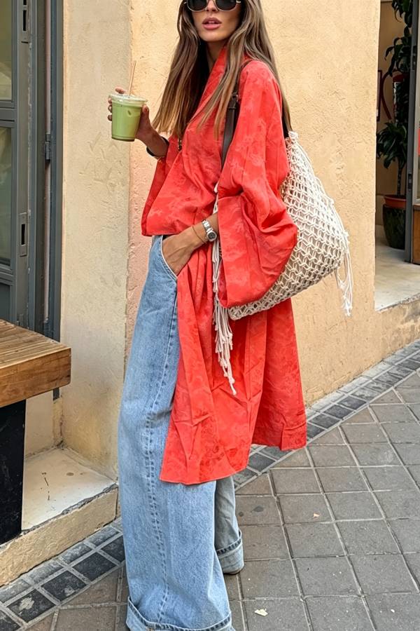 Garcella Satin Jacquard Printed Batwing Sleeve Loose Kimono Long Coat