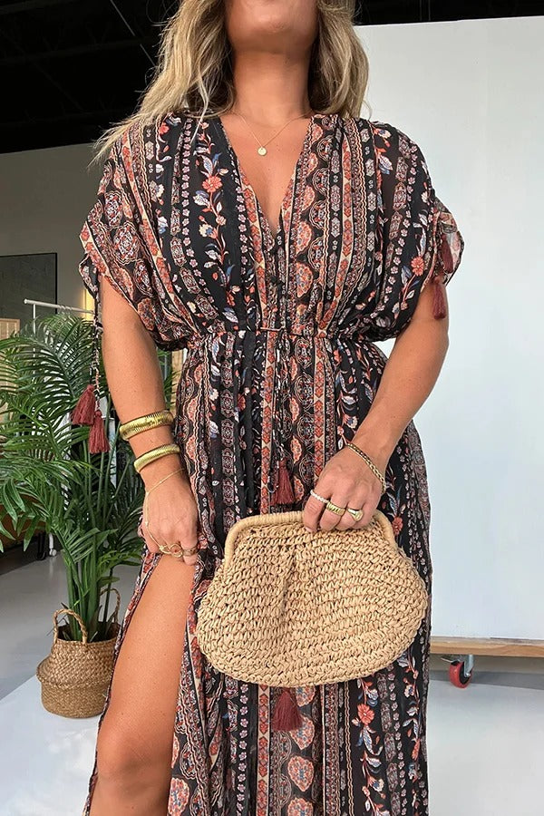 Ethnic Style Unique Print V-neck Loose Maxi Dress