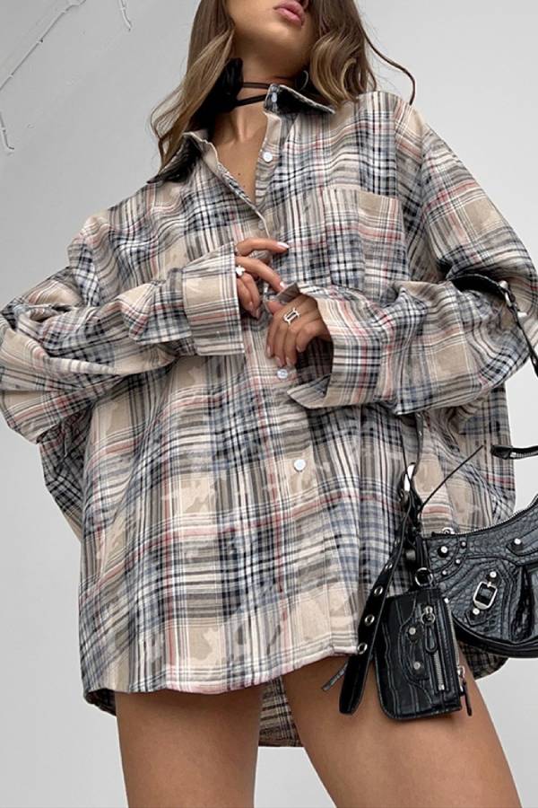 Vintage Washed Plaid Oversized Long‑Sleeve Shirt