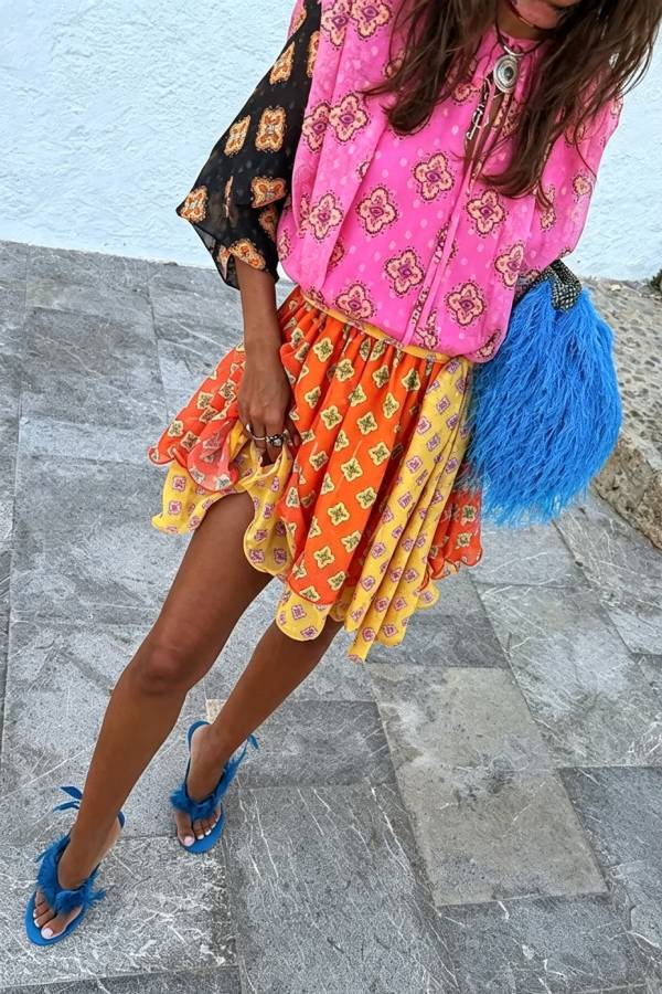 Nasha Colorful Tile Print Patchwork Balloon Sleeve Tie-up Elastic Waist Mini Dress