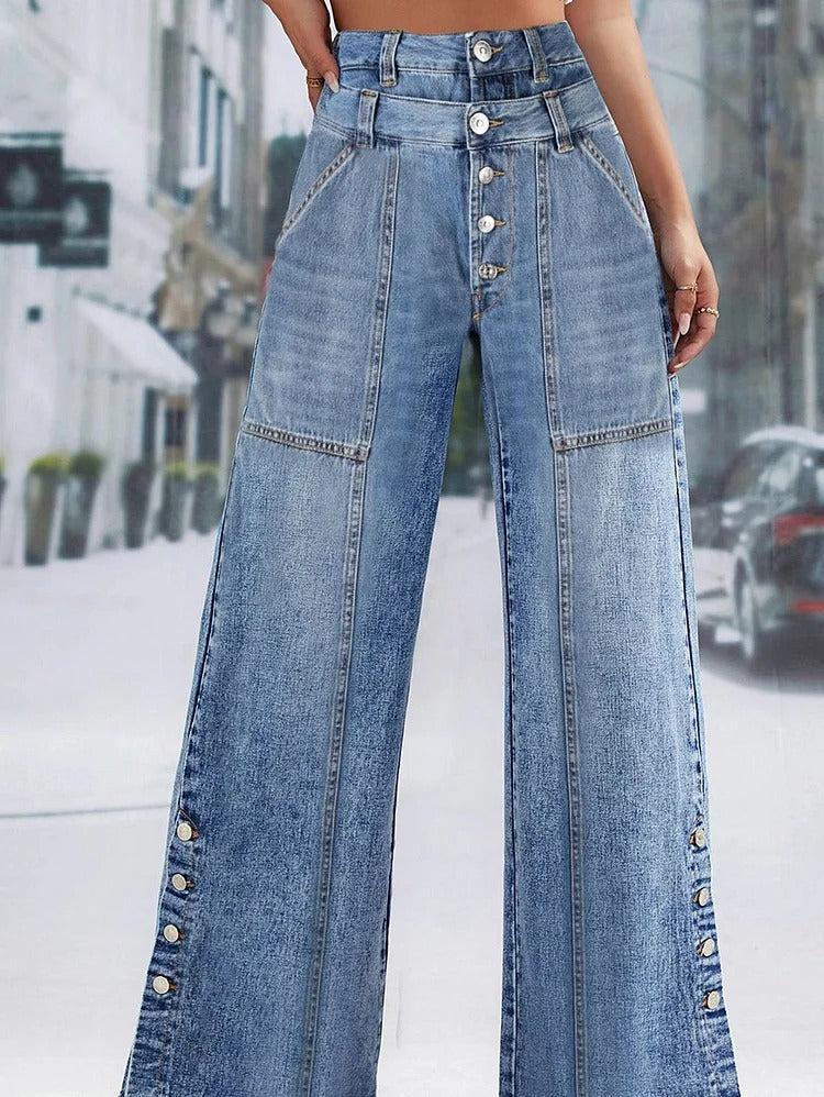 UR Daily Spliced Button Denim Straight Wide Leg Jeans