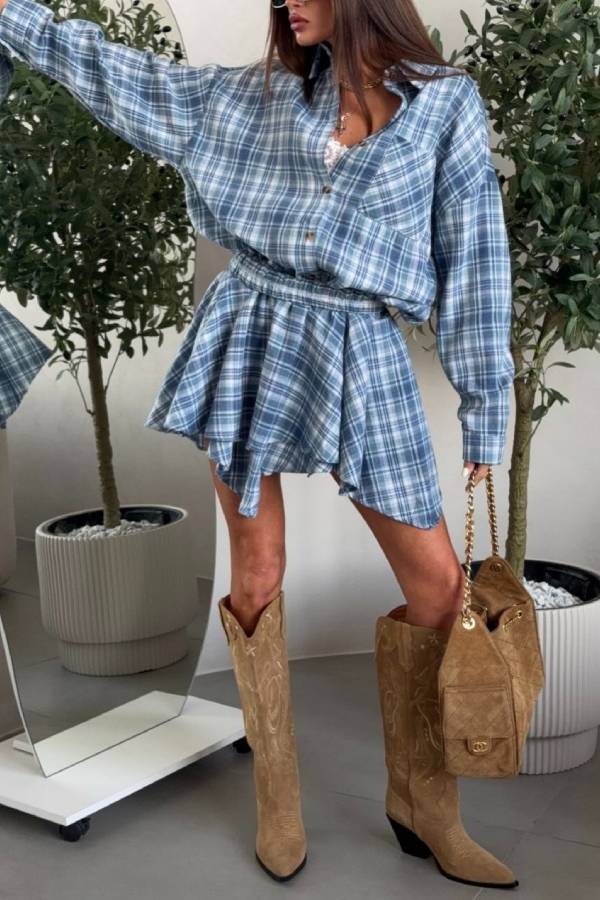 Blue Plaid Loose Shirt & Irregular Skirt Two‑Piece Set