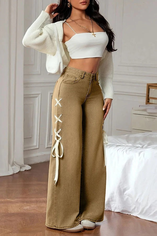 Fashionable Denim Mid Rise Side Ribbon Lace-up Pocket Wide Leg Jeans