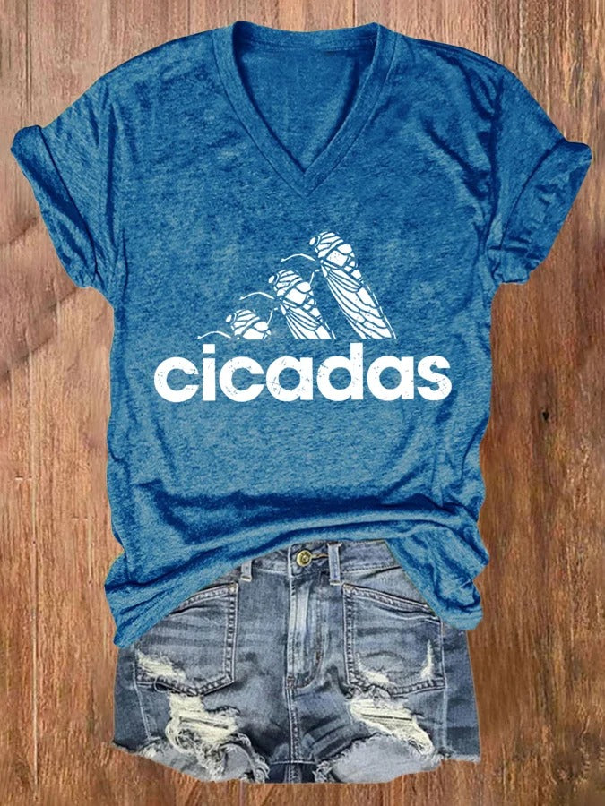 Women's Cicada 2024 Print V Neck T-shirt