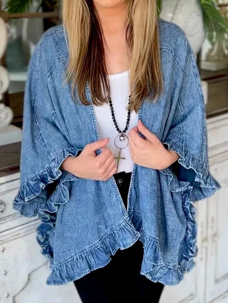 Casual Plain Ruffle Trim 3/4 Sleeve Loose Denim Cardigan