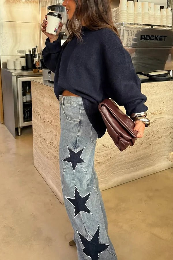 Jessy Denim Mid Rise Side Star Pattern Pocket Wide Leg Jeans