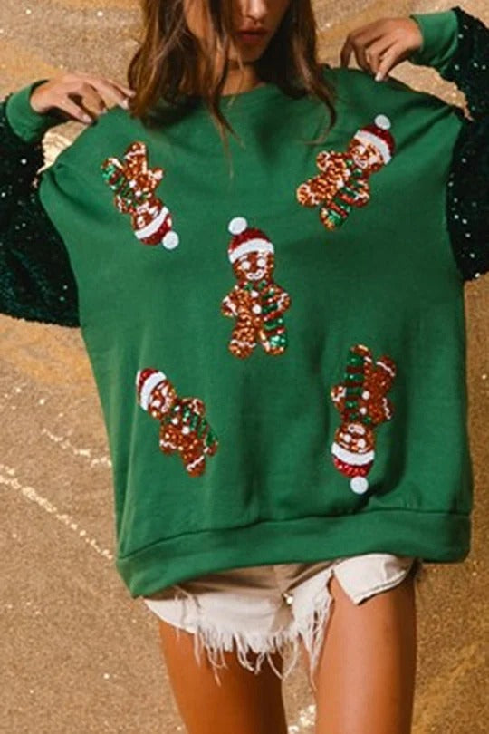 Green Gingerbread Man Sequin Sweatshirt