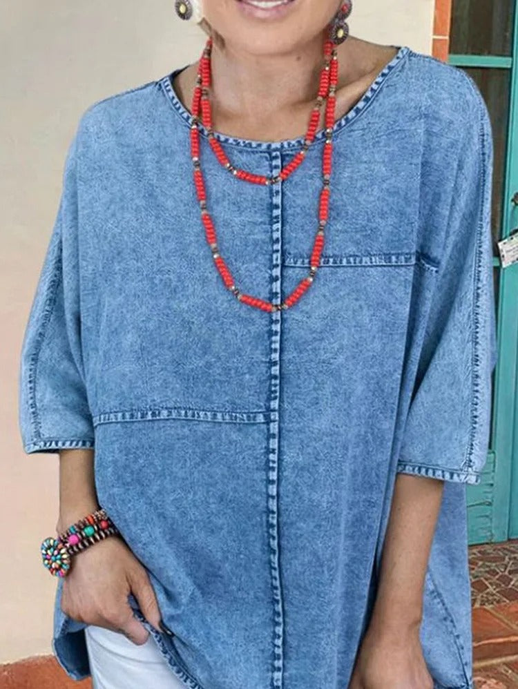 Casual Plain Half Sleeve Spliced Denim Loose Shirt