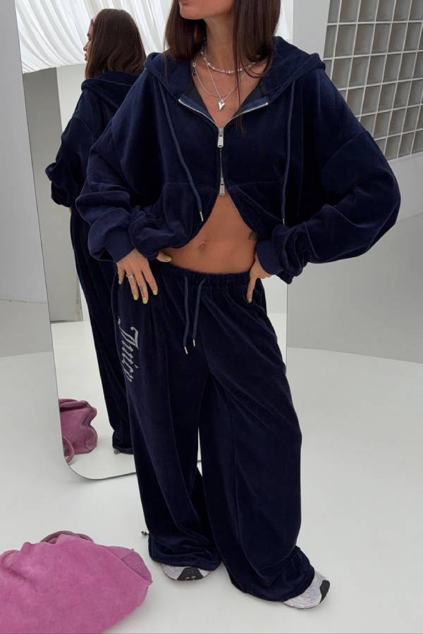 Velvet Rhinestone Cropped Hoodie Wide Leg Pant Set