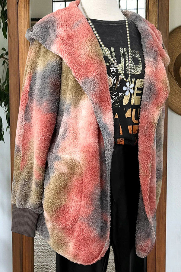 Fuzzy Tie Dye Open Hooded Jacket