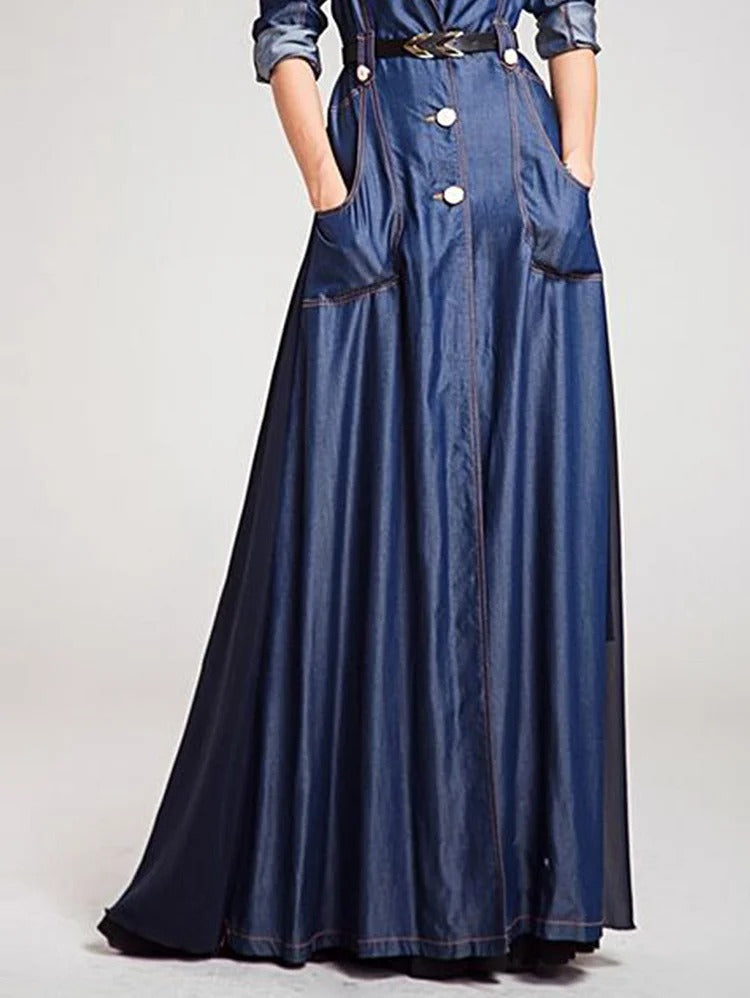 UR Fashion Solid Color Lapel Collar Spliced Long Sleeve Denim Maxi Dress