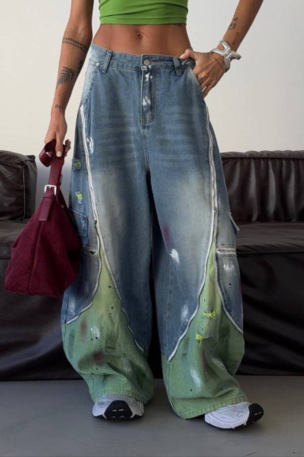 Street‑Style Color‑Block Graffiti Wide‑Leg Cargo Jeans