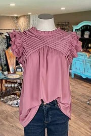 Solid Pleated Flutter Sleeve Blouse