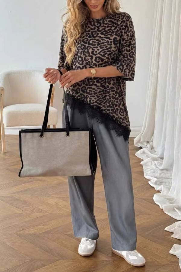 Asymmetrical Lace Hem Mid Sleeve Loose T-Shirt