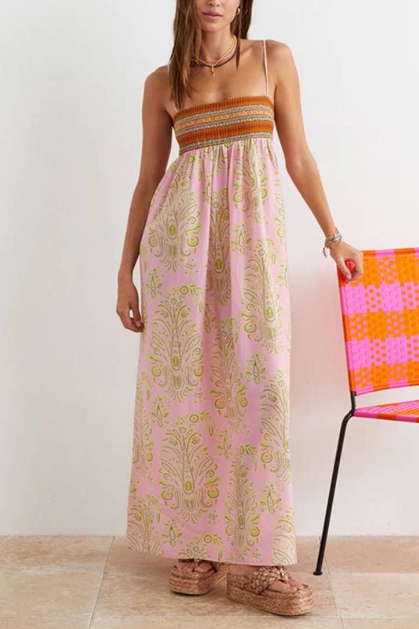 Boho Paisley Print Smocked Bandeau Spaghetti Strap High Waist Maxi Dress