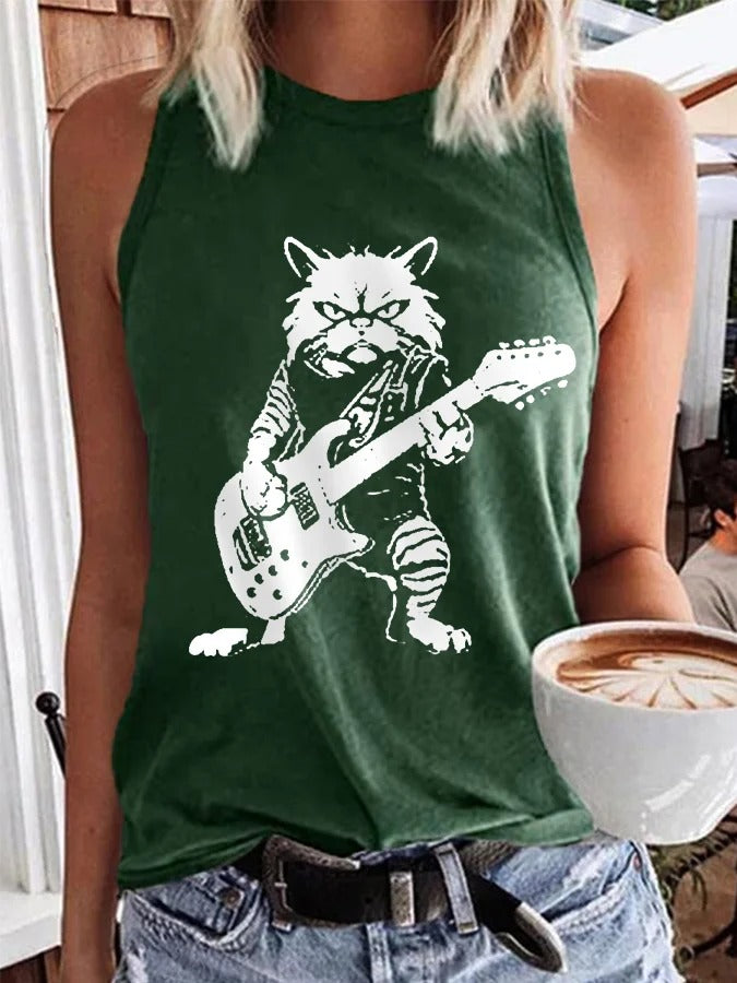 Women's Rock Cat Playing Guitar Casual Vest