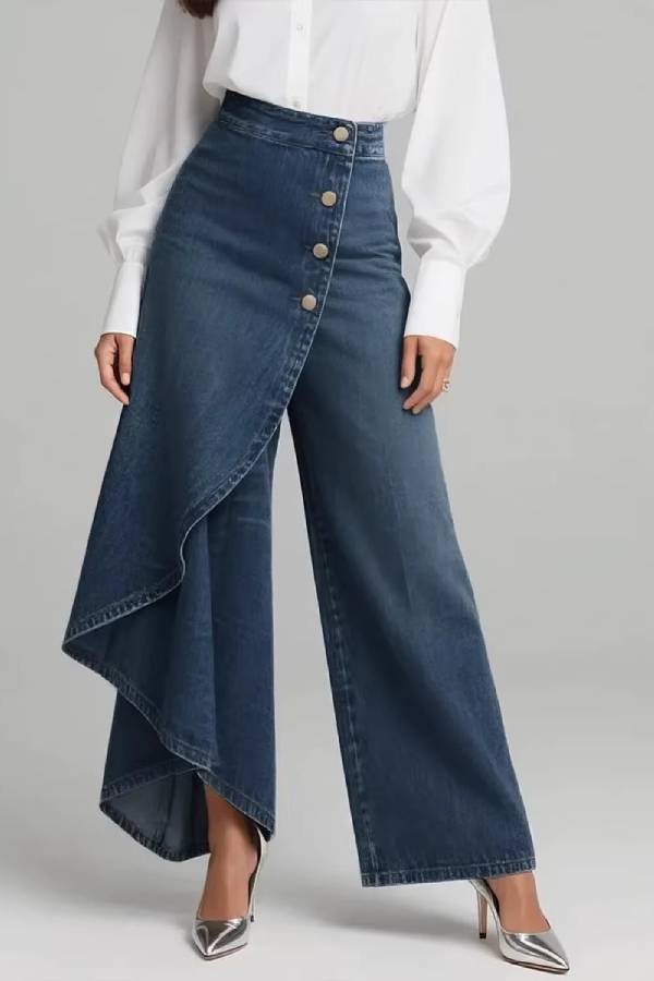 Asymmetric Overlay Button Wide‑Leg Culottes