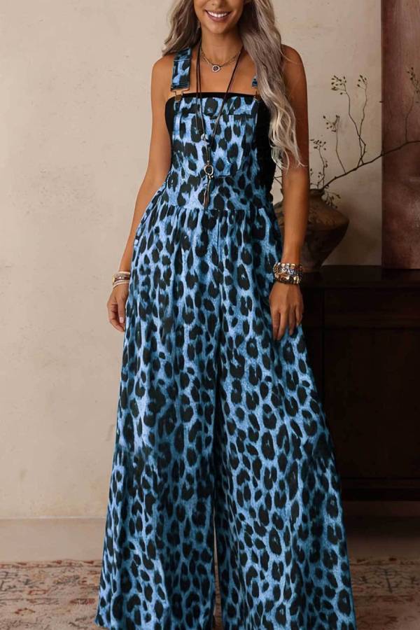 Colorful Leopard Print Adjustable Strap High Waist Wide Leg Jumpsuit