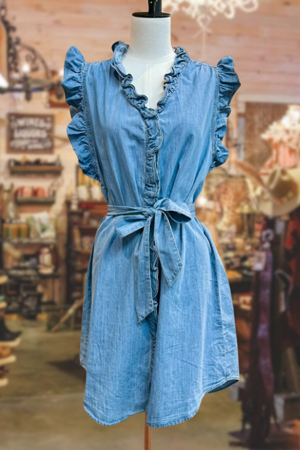 Ruffle V-Neck Sleeveless Denim Dress