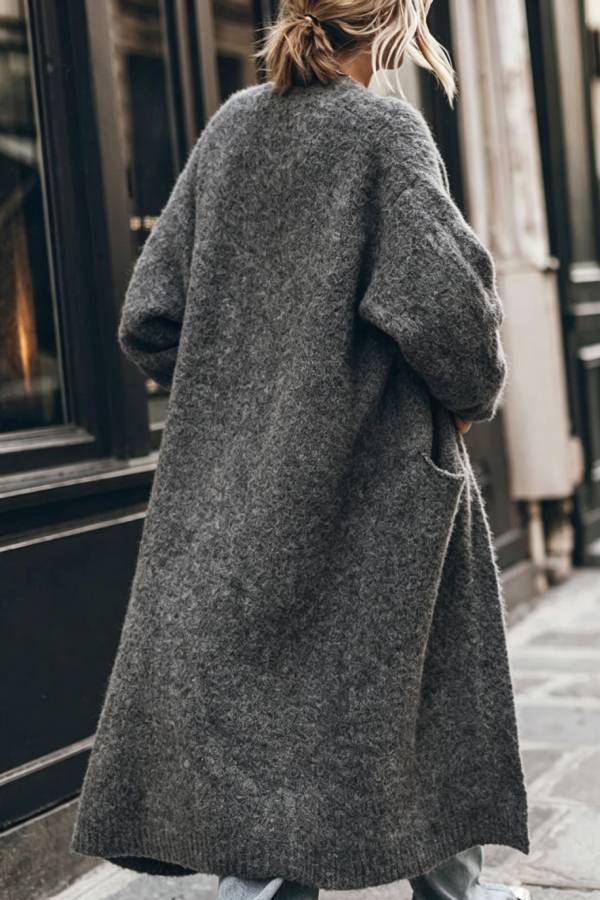 Comfortable Vib Knit Open Front Pocketed Oversized Midi Cardigan