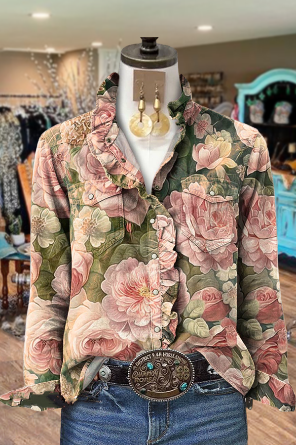 Chic Floral Print Ruffle Neck Shirt