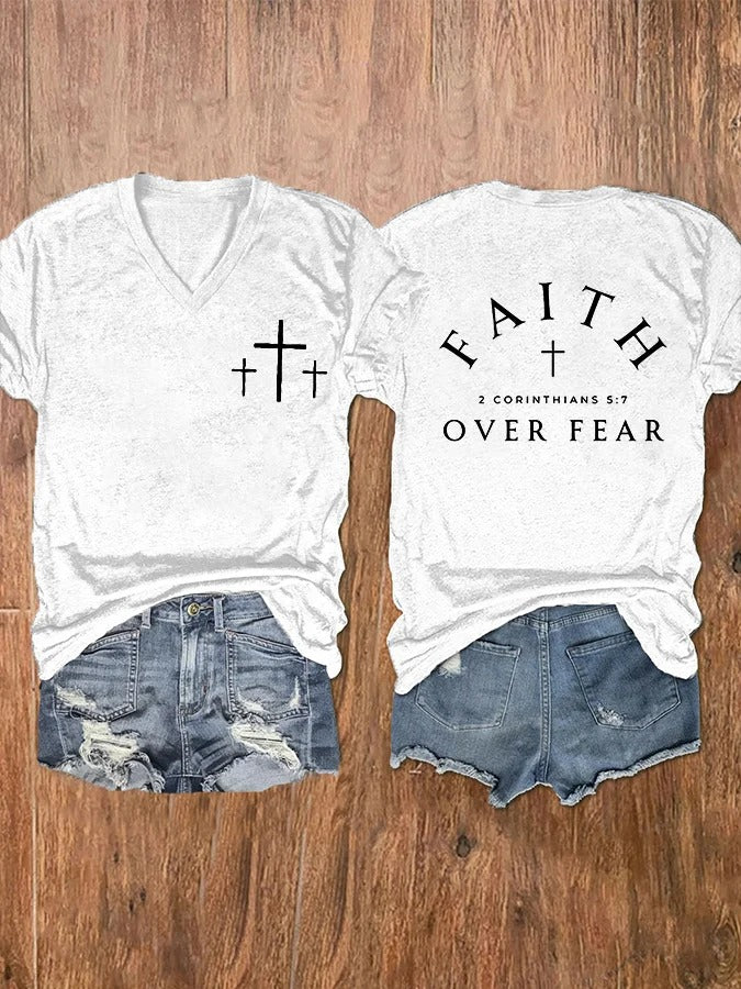 Women's Faith Over Fear Cross Print V-Neck T-Shirt