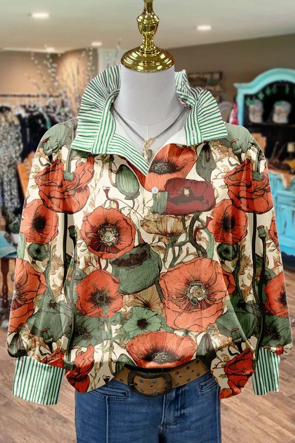Colorful Floral Print Striped Top