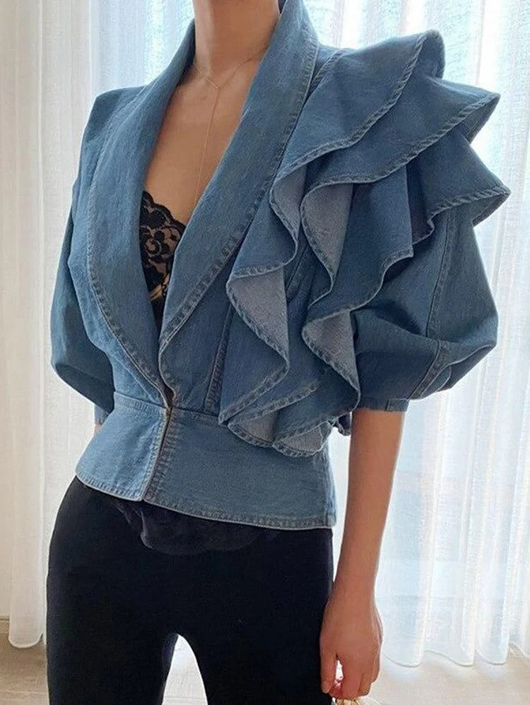 UR Fashion Plain Lapel Collar Spliced Ruffle Puff Sleeve Denim Shirt