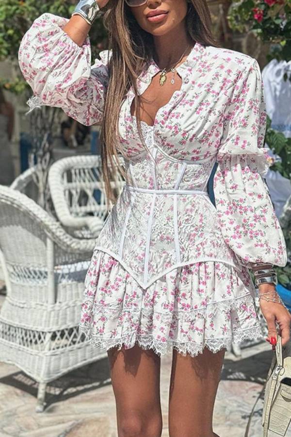 Floral Lace Corset Long Sleeve Mini Dress