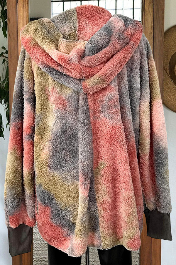 Fuzzy Tie Dye Open Hooded Jacket