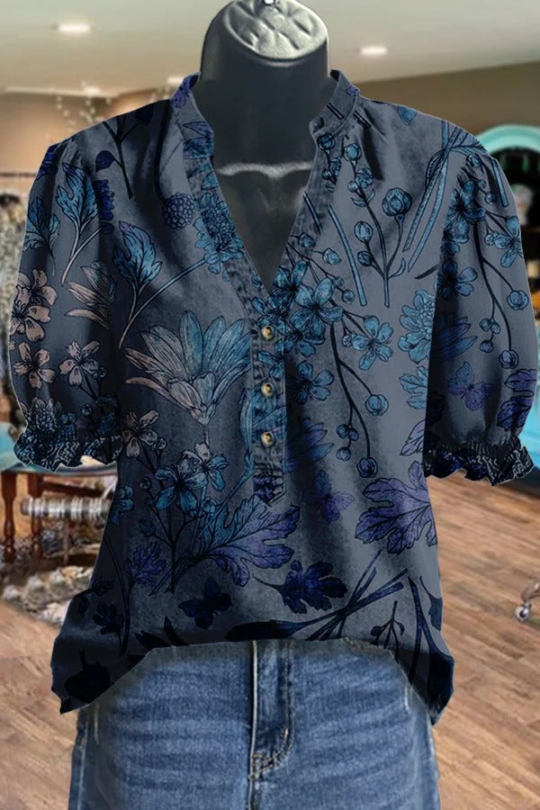 Vintage Floral Print V-Neck Top