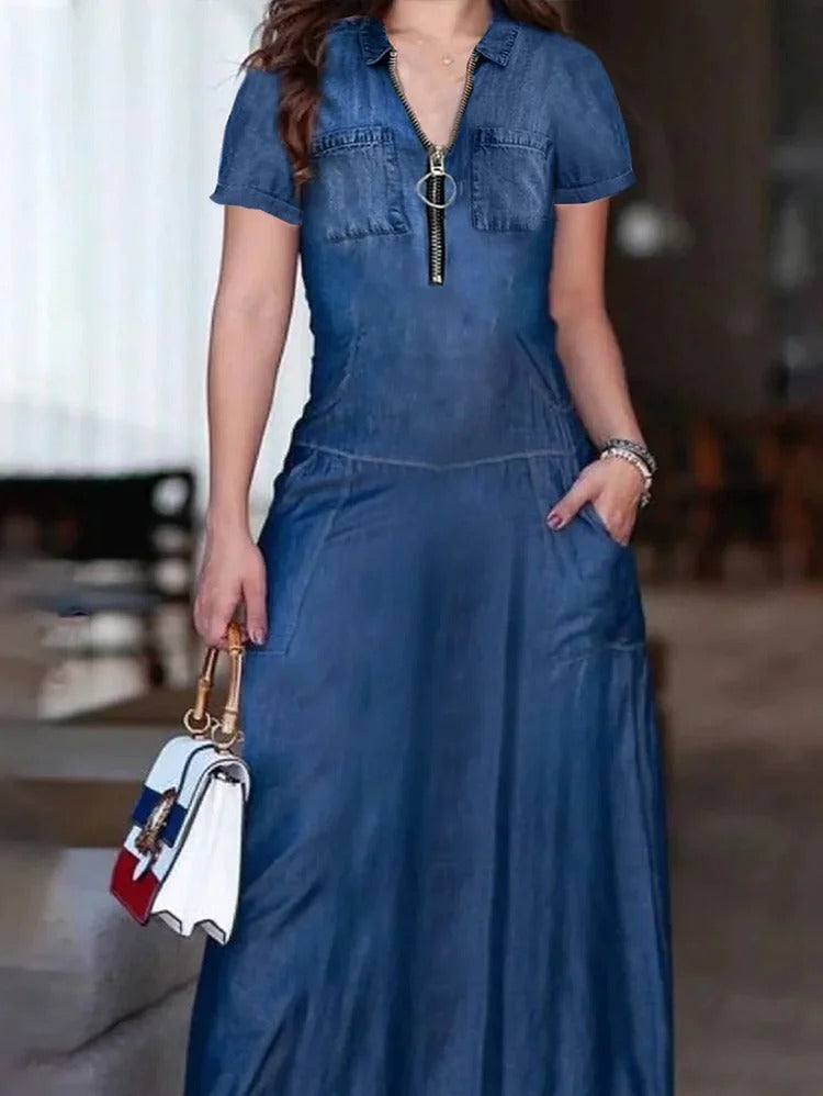 UR Fashion Plain Half Zipper Short Sleeve Denim Maxi Dress