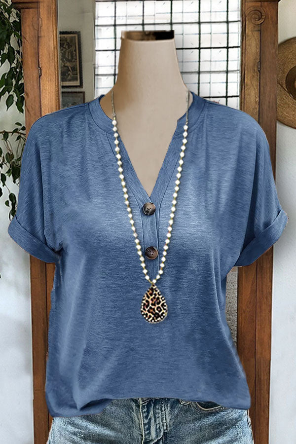 Cotton Solid Color Button V-neck Top