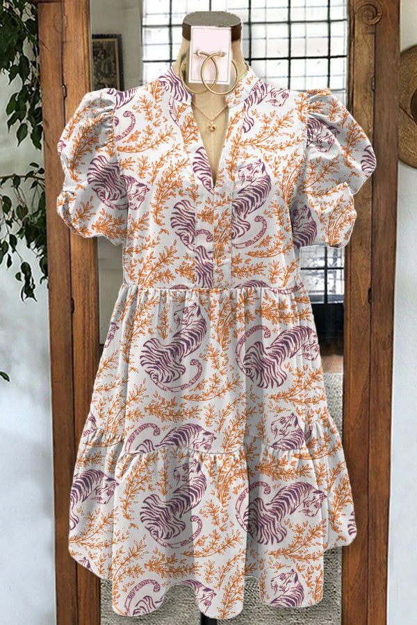 Tiger Mix Plant Print V-neck Puff Sleeve Dress