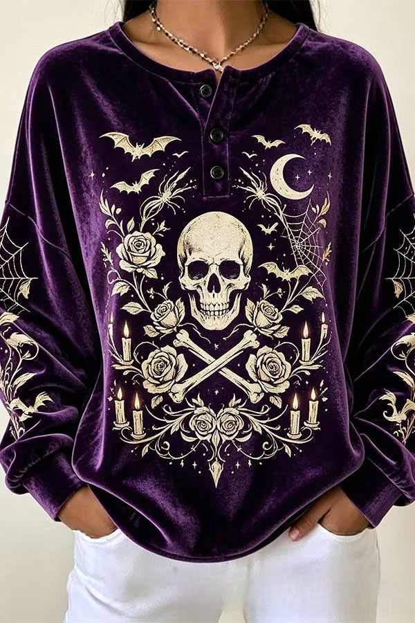 Spooky Season Velvet Long Sleeve Halloween Shirt with Buttons