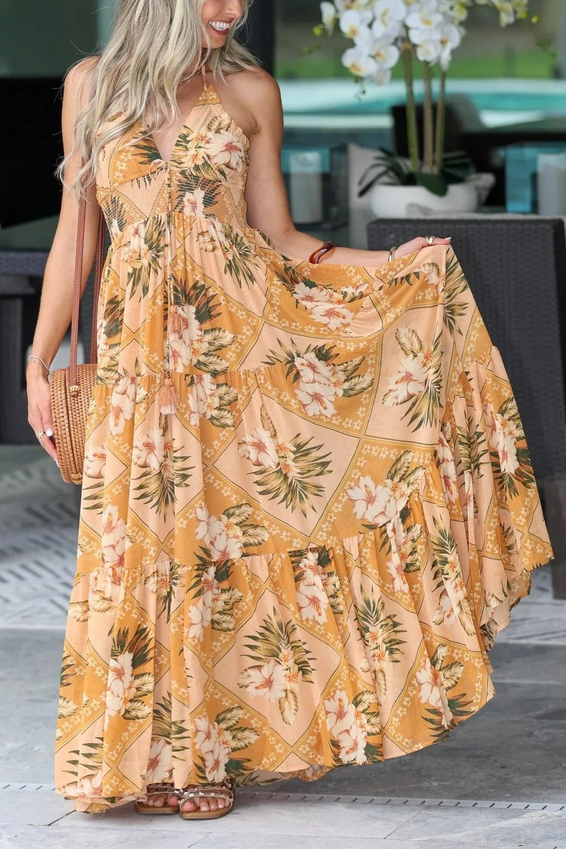 Tropical Hibiscus Halter Maxi Dress
