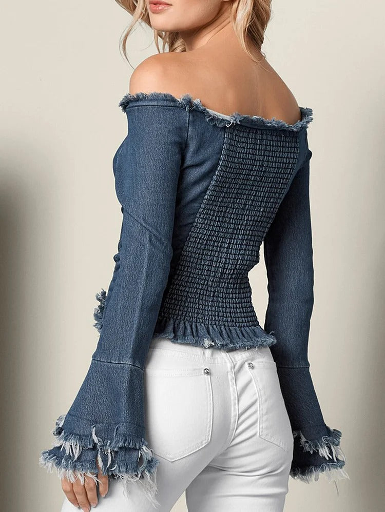 Elegant Plain Off Shoulder Bell Sleeve Raw Edge Tassel Shirt