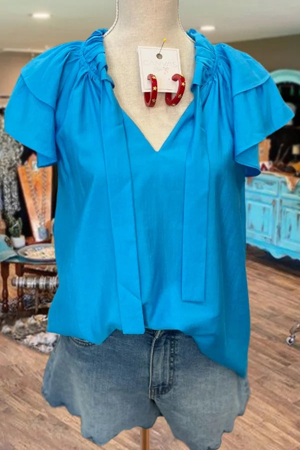 Solid V-Neck Tie Flutter Sleeve Top