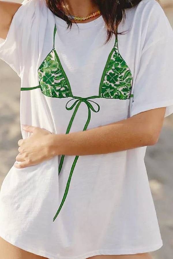 Fake Two-Piece Bikini Print Oversized Drop Shoulder T-Shirt Beach Cover Up